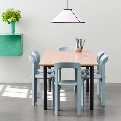 Hay_Perforated Cabinet Wall S soft jade_Rey Chair slate blue_Ava Cone Pendant 600 white_Annex Table Overhang charcoal alu wb lacquered oak tabletop 01